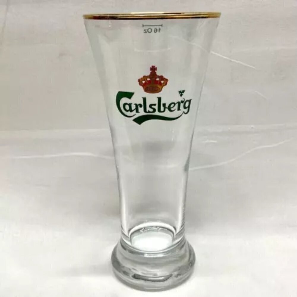 Carlsberg Crown Pilsner Flute 16 oz‎ Beer Pint Glass Gold Rim Vintage EUC